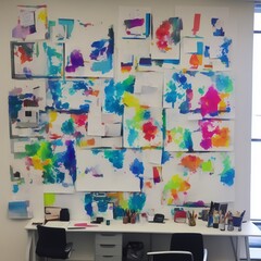 An office full of abstract paintings, digital art