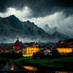 Small town under a mountain, digital art