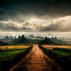 dirt path in the field, mountains in the background, digital art