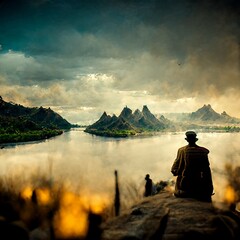 Man sitting on the beach, hills in the background, digital art
