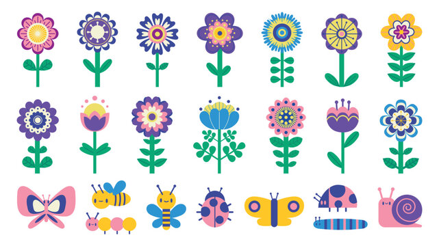 Kids flowers and butterflies. Cute cartoon simple flowers and bugs children illustration, spring and summer garden elements clipart. Vector isolated set