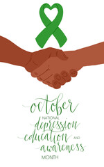 National Depression Education and Awareness Month October handwritten lettering and green support ribbon. Web banner vector template