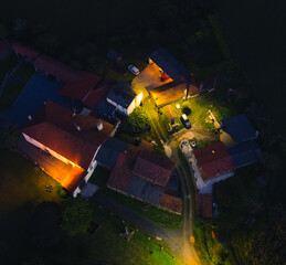 small village at night from drone view