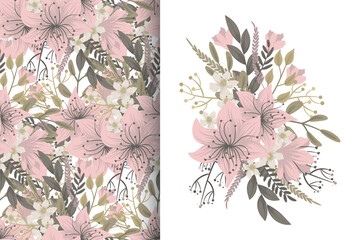 Flower bouquet with seamless pattern. Floral background set