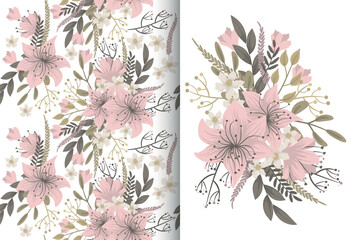 Flower bouquet with seamless pattern. Floral background set