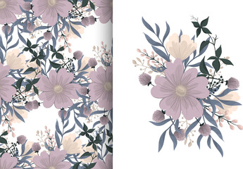 Flower bouquet with seamless pattern. Floral background set