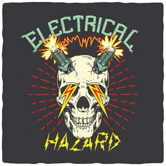 T-shirt or poster design with illustration of skull with spark plugs and lightning