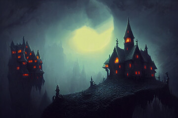 Halloweeen castle scenery with full moon in majestic night sky and highly detailed natural environment landscape.