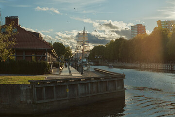 A view on a dock with famous Ship Meridianas built in 1948, in Klaipeda city. Golden hour