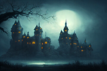 Fototapeta Halloweeen castle scenery with full moon in majestic night sky and highly detailed natural environment landscape. obraz