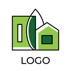 Eco city logo design, line art, outline, simple. Vector minimal green icon of house building