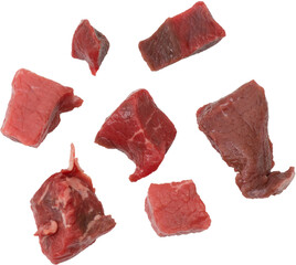 Frisch geschnittenes Gulasch aus Rinderfleisch als Freisteller png auf Transparenten Hintergrund...