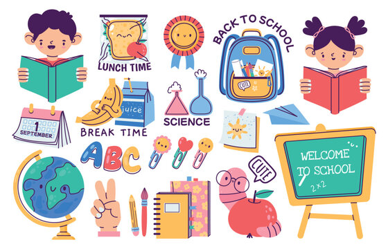 Elementary school badges. Book stickers and stationery supply for students, cartoon flat pupil equipment primary education concept. Vector isolated collection