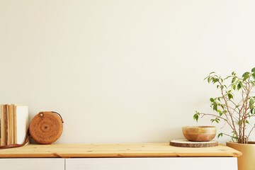 Blank wall mockup in Scandinavian bohemian interior, wooden shelf, books, potted flowers.