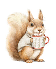 Watercolor Christmas vintage girl squirrel in sweater clothes sit and holding holiday Christmas hot drink isolated on white background. Hand drawn illustration sketch © Mimomy
