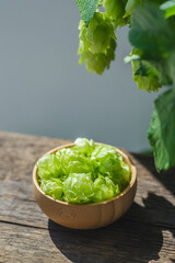 Green ripe hop cones in a wooden bowl for brewery and bakery. Branch with leaves. Beer brewing ingredient