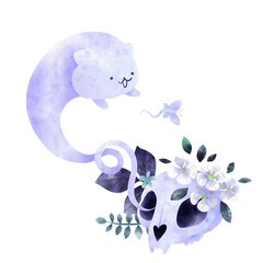 Cute floral composition with cat skull and cat ghost