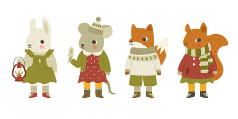 Set of cute baby animals in warm winter clothes. Cartoon dressed christmas animals collection.
