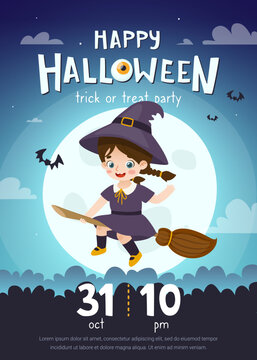 Halloween poster with cute baby witch flying on the broomstick. Adorable witch girl in front of the full moon.