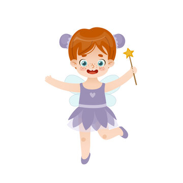 Cute red hair girl in fairy costume with wings and magic wand. Cartoon happy child in halloween costume.
