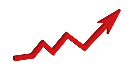 Red growing up 3d large arrow sign isolated on white background. Inflation Bar chart. Graph. Rising price. Finance and Economy. Market volatility. Global crisis concept. Recession. Infographics.