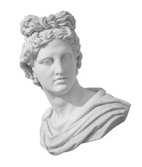 God Apollo bust sculpture. Ancient Greek god of Sun and Poetry Plaster copy of a marble statue isolated on white with clipping path - obrazy, fototapety, plakaty