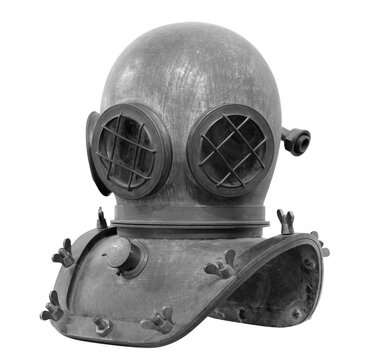 Old antique metal scuba helmet isolated on white background with clipping path