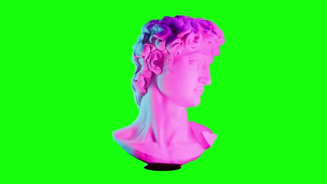 the head of an ancient sculpture of David rotating around its axis, a modern double blue-red lighting, contemporary art element,chroma key green screen