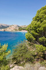 Fototapeta na wymiar Beautiful seascape of rocky coast and clear waters of the Mediterranean Sea near Baska at the island of Krk, Croatia