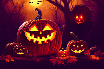 Jack 'O Lantern In Cemetery In Spooky Night With Full Moon Halloween