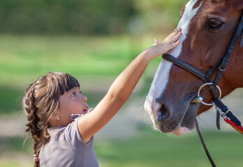 little girl petting a horse
