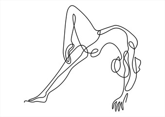 Young female gymnast performing handstand on balance beam- continuous line drawing