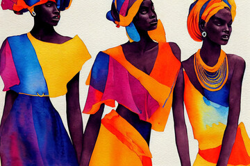 Portrait of beautiful African woman. Traditional turban, Kente head wrap African, Traditional dashiki printing, black afro women with traditional batik, ethnic illustration
