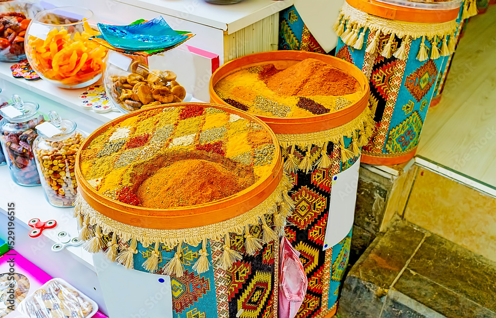 Poster Dried fruits and spices, Old Bazaar, Kaleici, Antalya, Turkey