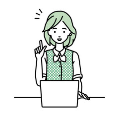 デスクで座ってPCを開いて何かひらめいた事務員制服の女性