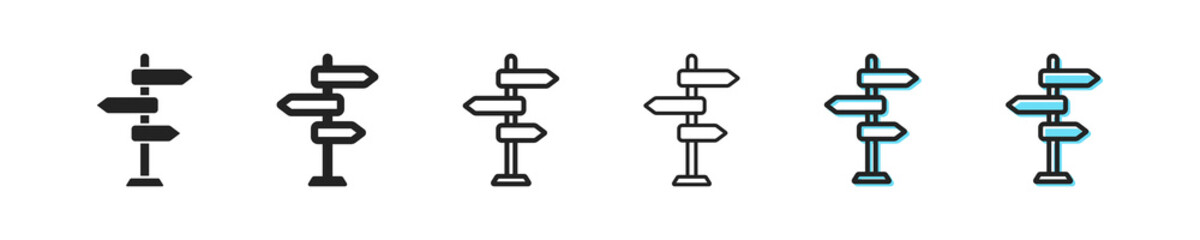 Signpost icon. Sign arrow vector symbol. Simple outline direction icon. Direction arrow icons set. Way black and blue web icons.