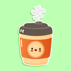Cute funny cup of coffee character. Vector hand drawn cartoon kawaii character illustration icon. Isolated on green background. Cup of coffee character concept