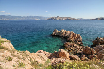 Beautiful seascape of rocky coast and clear waters of the Mediterranean Sea near Baska at the island of Krk, Croatia