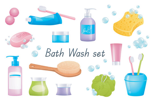 Bath wash accessories 3d realistic set. Bundle of bath bombs, toothpaste, toothbrush, liquid soap, sponge, cream, shampoo bottle, brush and other isolated bathroom elements.Vector illustration