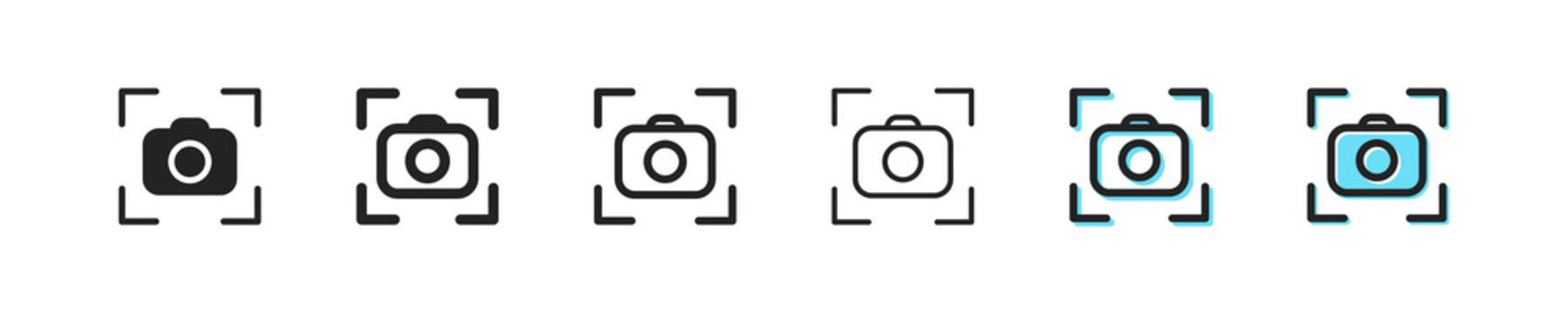 Camera focus icon. Photo shot vector symbol. Simple outline screen icon. Viewfinder icons set. Target lens black and blue web icons.