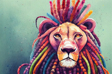 Colorful portrait. Lion. Watercolor colorful image. Digital painting. - 529197332