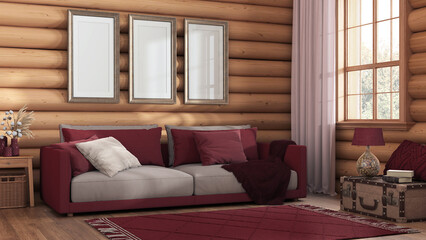 Log cabin living room in red and beige tones. Fabric sofa, carpet and windows. Frame mockup, farmhouse interior design