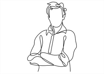 business man in a crossed his arms thinking - continuous line drawing