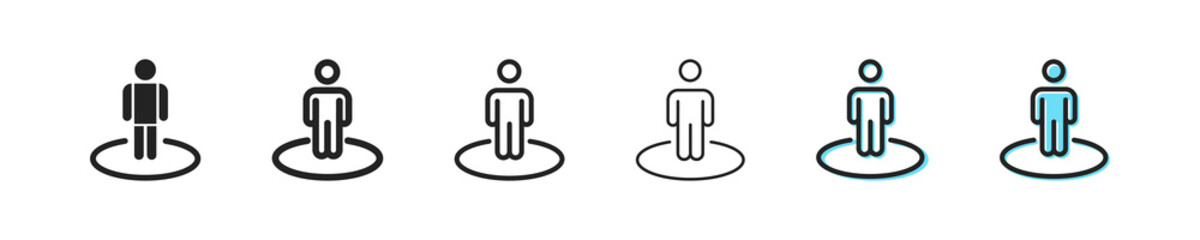 You are here icon. Location vector symbol. Simple outline point person icon. Man here icons set. Men's GPS  black and blue web icons.