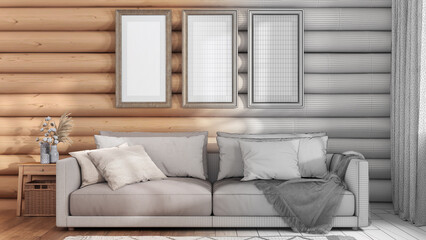 Architect interior designer concept: hand-drawn draft unfinished project that becomes real, log cabin living room, front view. Frame mock up, fabric sofa with pillows. Farmhouse