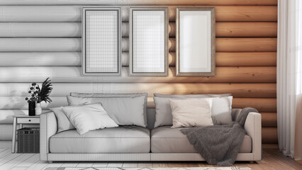 Architect interior designer concept: hand-drawn draft unfinished project that becomes real, log cabin living room, front view. Frame mock up, fabric sofa with pillows. Farmhouse