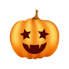 Halloween pumpkin with vampire teeth and star eyes, vector illustration on white background.