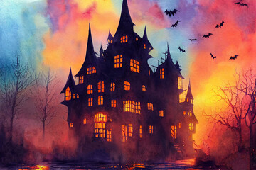 Halloween castle. Halloween background for party at scary night