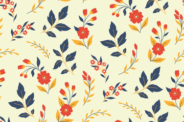 Seamless floral pattern in modern folk style. Decorative art botanical print with an abstract composition of various plants: flowers, branches, leaves on a light background. Vector illustration.