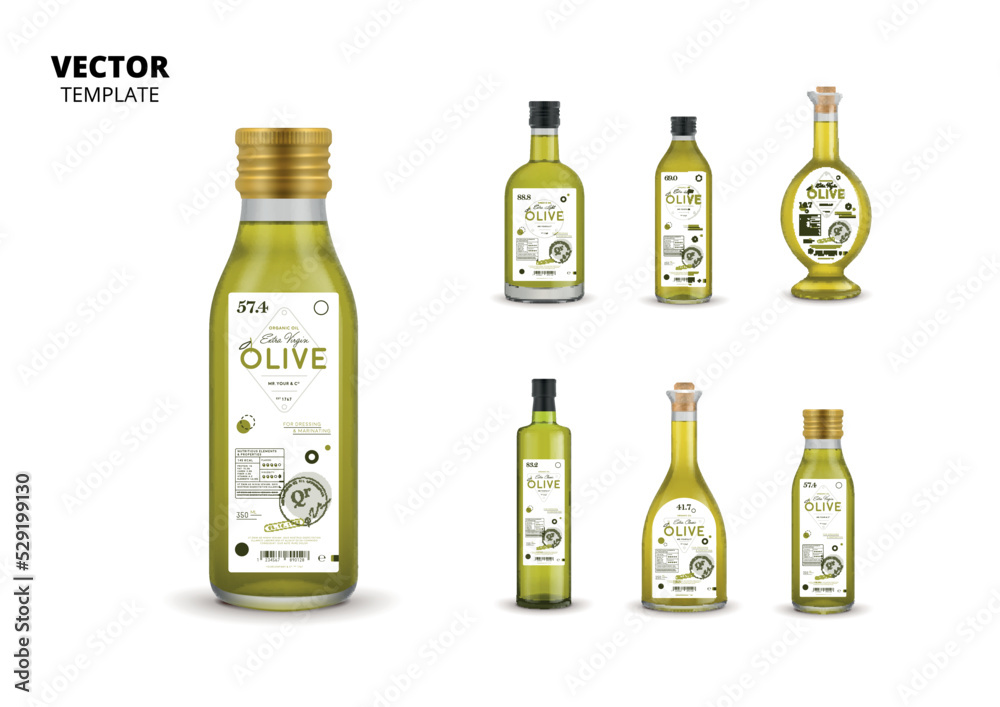 Wall mural Extra virgin olive oil canned glass bottles with labels. Layout of food identity branding, modern packaging design. Healthy organic product, natural vegetarian nutrition isolated vector illustration - Wall murals